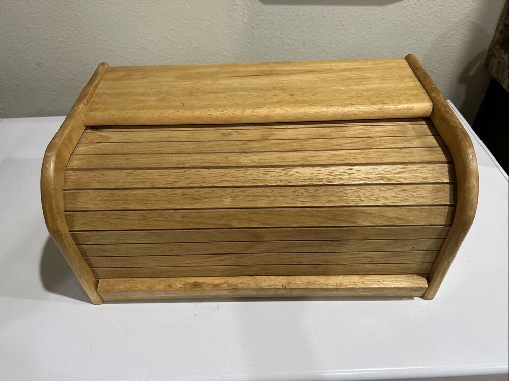 Vintage Roll Top BREAD BOX Storage Kamenstein Rustic Farmhouse Wooden Granny